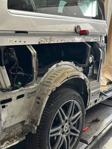 Mercedes van accident repair – rear quarter strip-down in progress in Burton-on-Trent