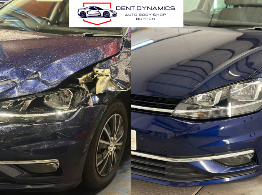 Accident repair Burton-on-Trent – Volkswagen front end damage before and after repair
