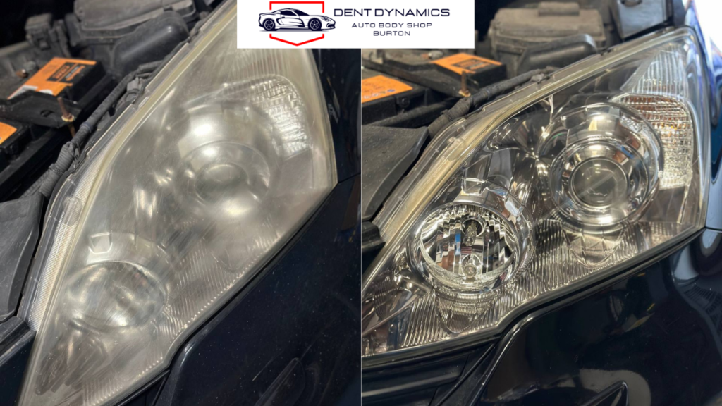 Before and after headlight restoration showing clear lens in Burton-on-Trent